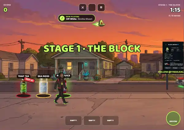 Serve the Block gameplay: a character walking a neighborhood street past product pads